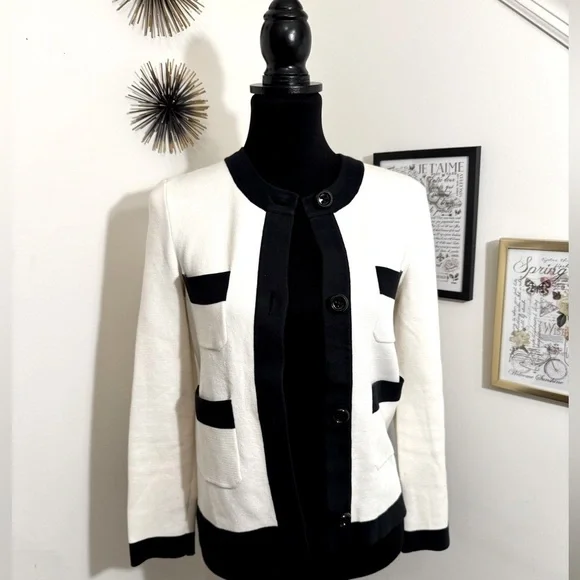kate spade color block cardigan in white with black accents size small - Picture 1 of 10
